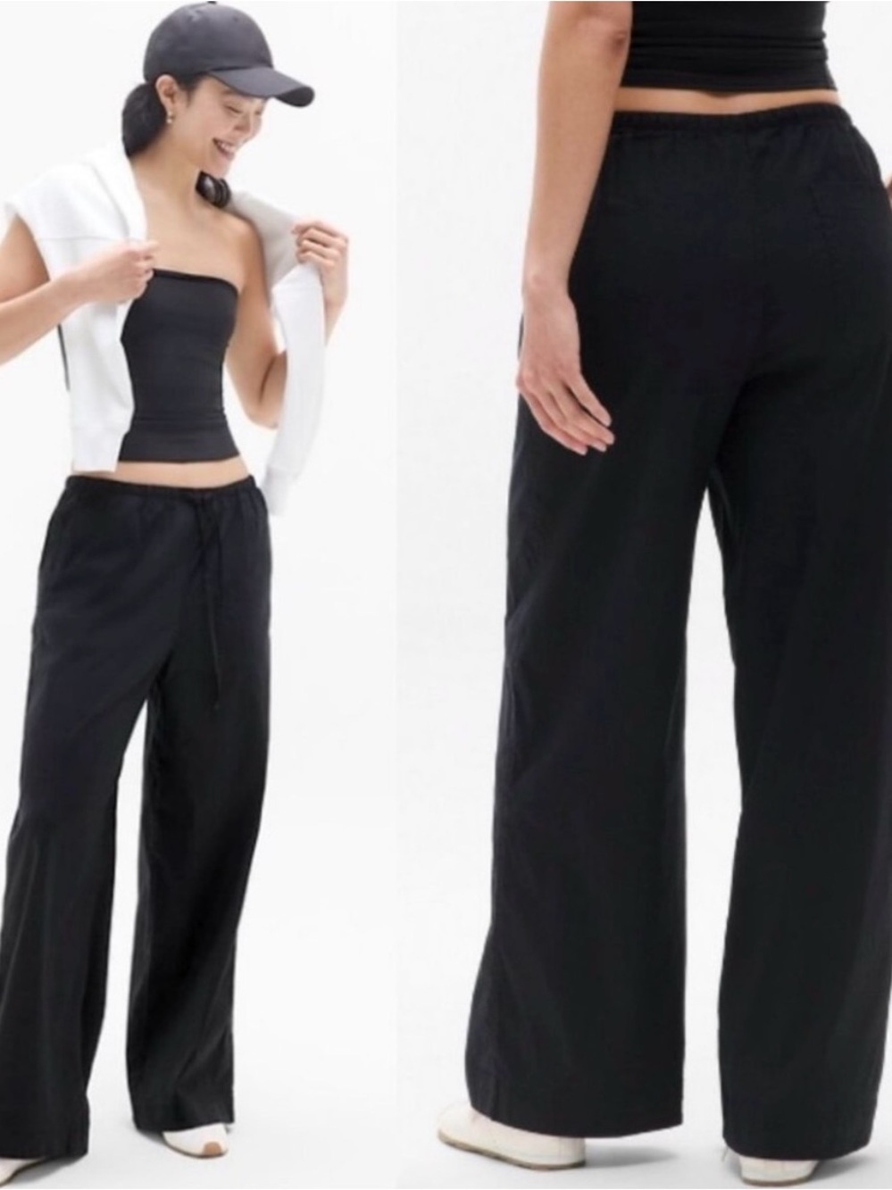 Athleta Black Wide-Leg Lounge Linen Blend Pants
